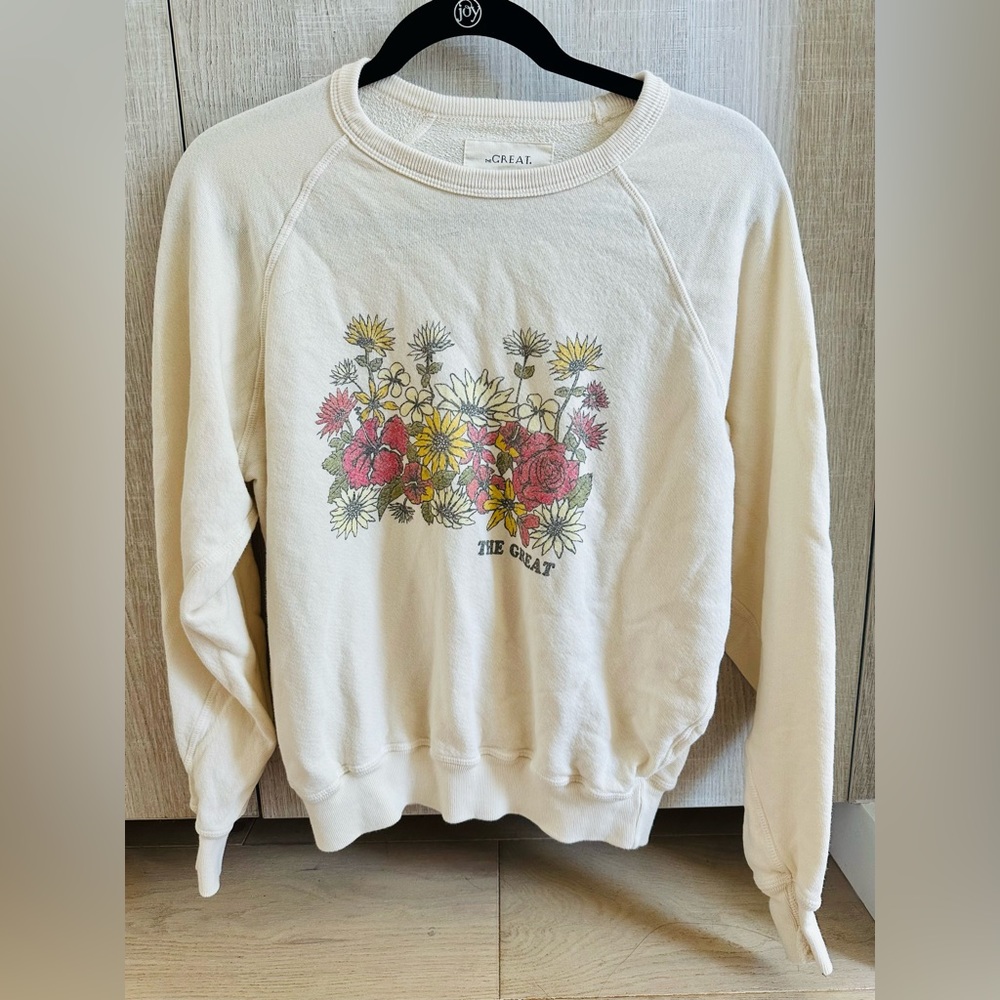 The GREAT. Cream, Crew-Neck Sweatshirt with Sunflower Print, Size 0